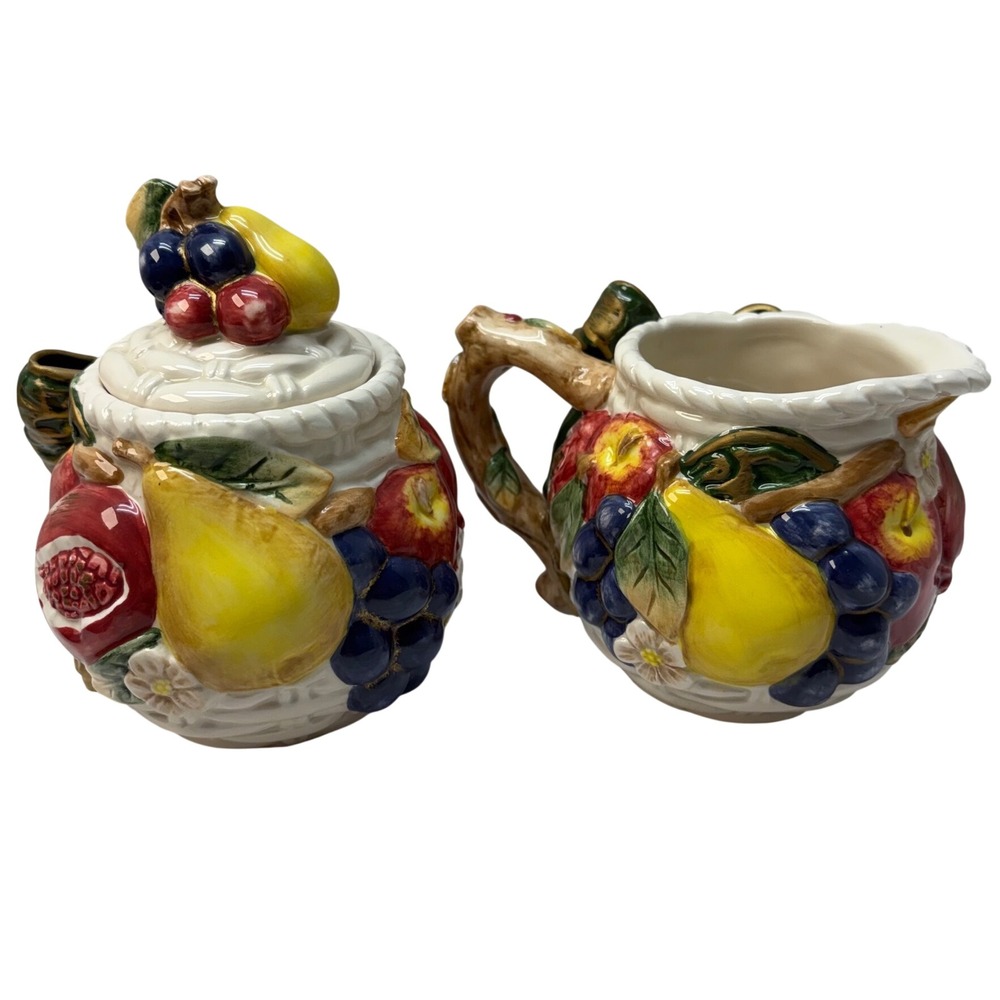 Vintage 1997 Omnibus by Fitz and Floyd Fruit Basket Sugar Bowl and Creamer Set